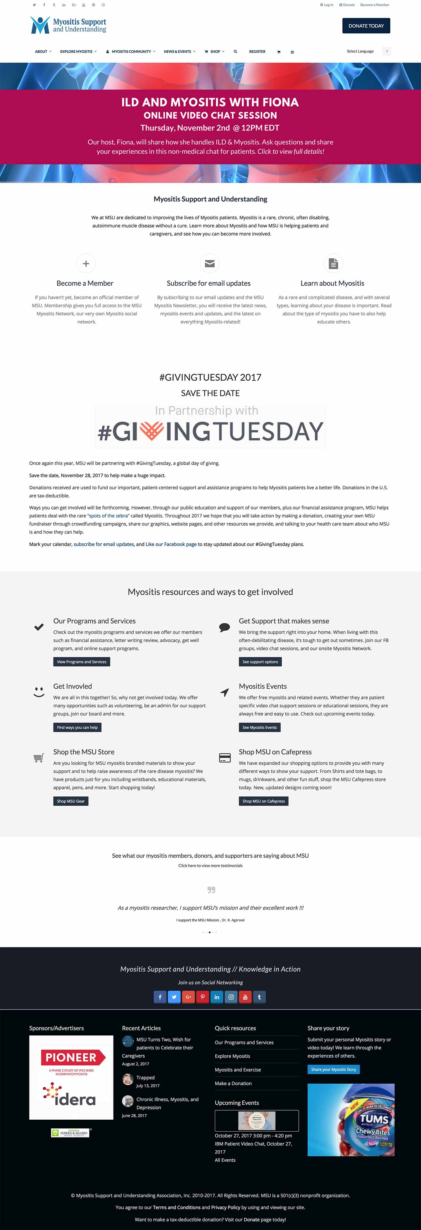 Myositis Support and Understanding Nonprofit Website, Ecommerce, and community site by CIRJ Concepts